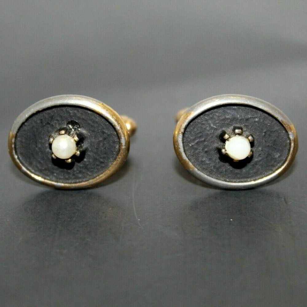 Vintage Faux Pearl & Gold Oval Cufflinks Concave